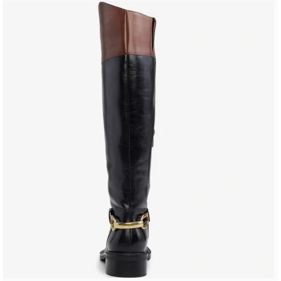 Vince Camuto Amanyir Riding Boots 5 NWOT Black Tan Tall Knee High Leather Prep - Picture 2 of 9